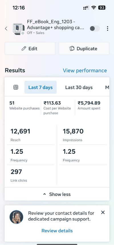 Client account Meta ads: 51 website purchases at ₹113.63 each, ₹5,794.89 spent, 12,691 reach in 7 days.